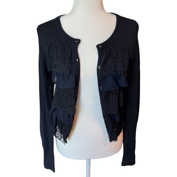 Y2K Hollister Lace Ruffle Cardigan Sweater Women’s Medium Black Button Front - Picture 3 of 8